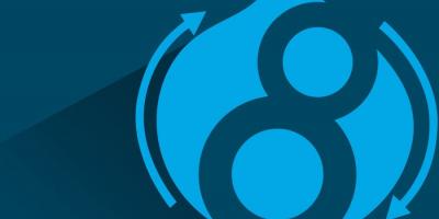 Image containing Drupal 8 logo with a blue background.